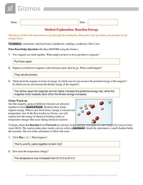 Gizmo reaction energy answer key - Carbohydrates are an important energy source for your body. The basic building block of most carbohydrate compounds is the molecule glucose . Using the Dehydration Synthesis Gizmo, you will learn about the structure of a glucose molecule and how glucose molecules can be joined together to make larger carbohydrate molecules.